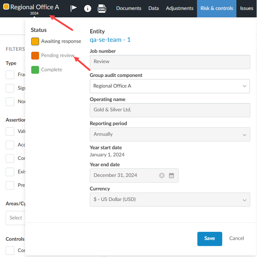 The user interface for changing the status of the component to pending review.  An arrow points to the top left corner of the screen with the entity name. Another arrow points to the status section of the dialog box.